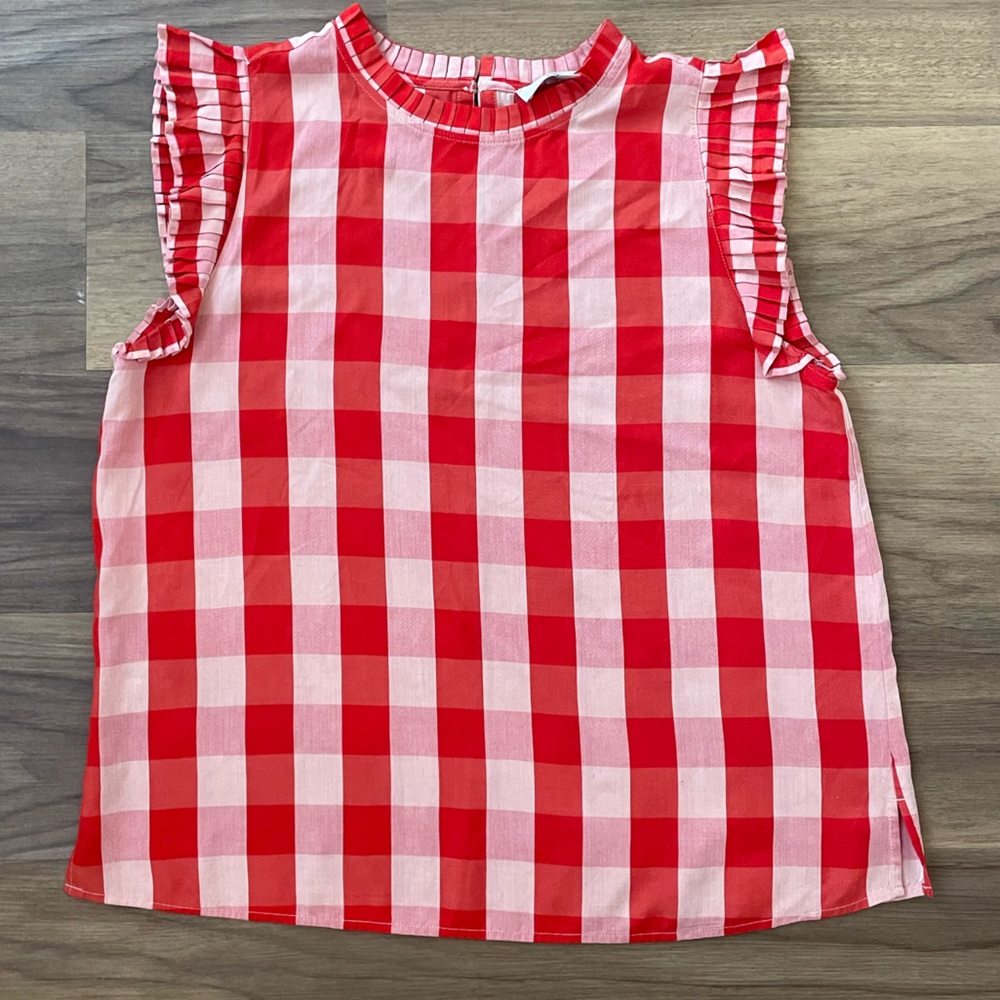 Loft Red Checkered Sleeveless Top with Pleat Details Size M